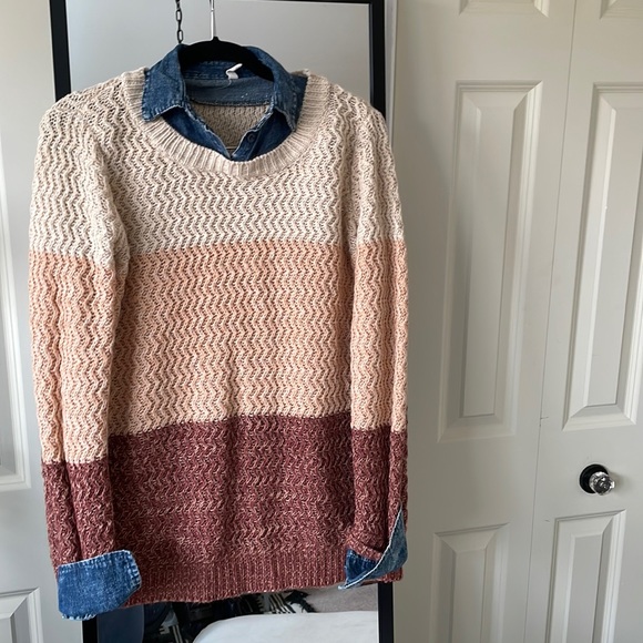 Pinkblush Sweaters - PINK BLUSH MATERNITY Pink & Cream Striped Knit Sweater Faux Denim Collar